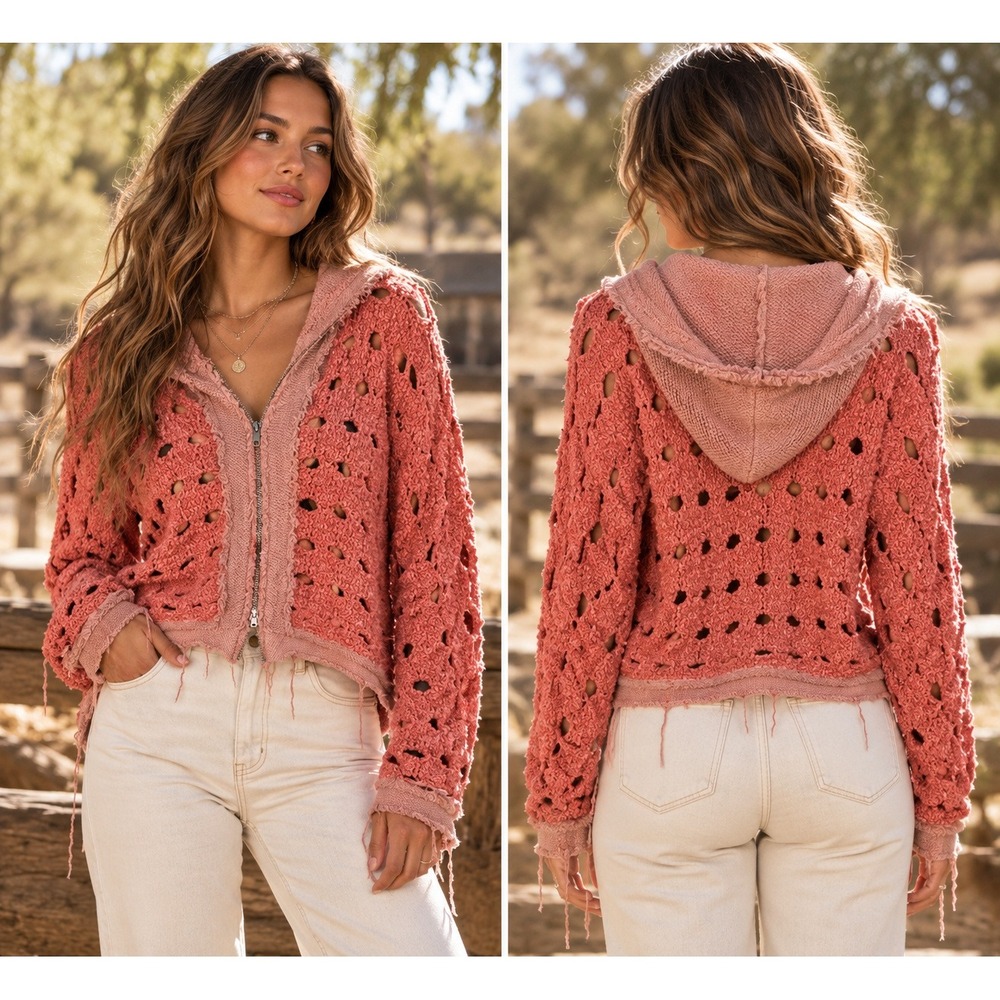 Free People Medium Coral Distressed Crochet Open Knit Zip Hoodie Boho Raw Edge